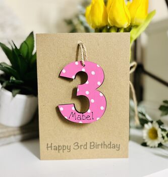 Personalised 3rd Third Birthday Card Wooden Three Gift, 2 of 9