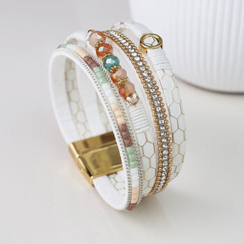 Gold Plated White Multistrand Bracelet With Warm Earthy Pastel Crystals, 3 of 6