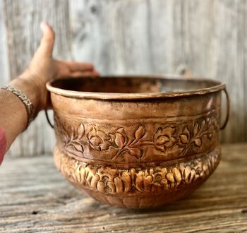 A Floral Embossed Vintage Style Copper Planter With Brass Ring Handles, 10 of 11
