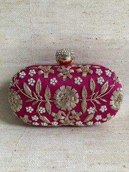 Hot Pink Raw Silk Oval Pearl Clutch Bag, 4 of 10