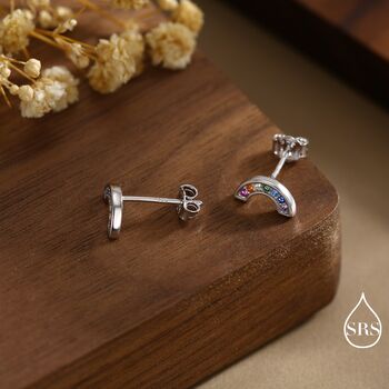 Sterling Silver Cz Crystal Rainbow Stud Earrings, 6 of 12