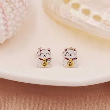 Sterling Silver Japanese Maneki Neko Cat Stud Earrings, 7 of 11