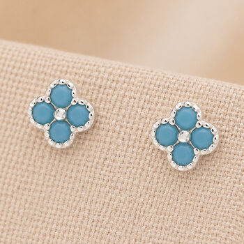 Sterling Silver Turquoise Quatrefoil Flower Stud Earrings, 2 of 3