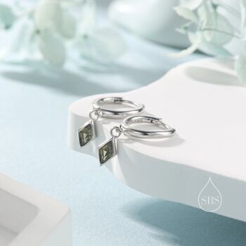 Very Tiny Rhombus Olive Green Cz Huggie Hoop In Sterling Silver, 2 of 12