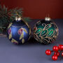 G Decor Hand Painted Glass Christmas Bauble Hanging Decoration Jewel Scrollwork Green Or Leaf And Olive Deep Blue, thumbnail 2 of 4