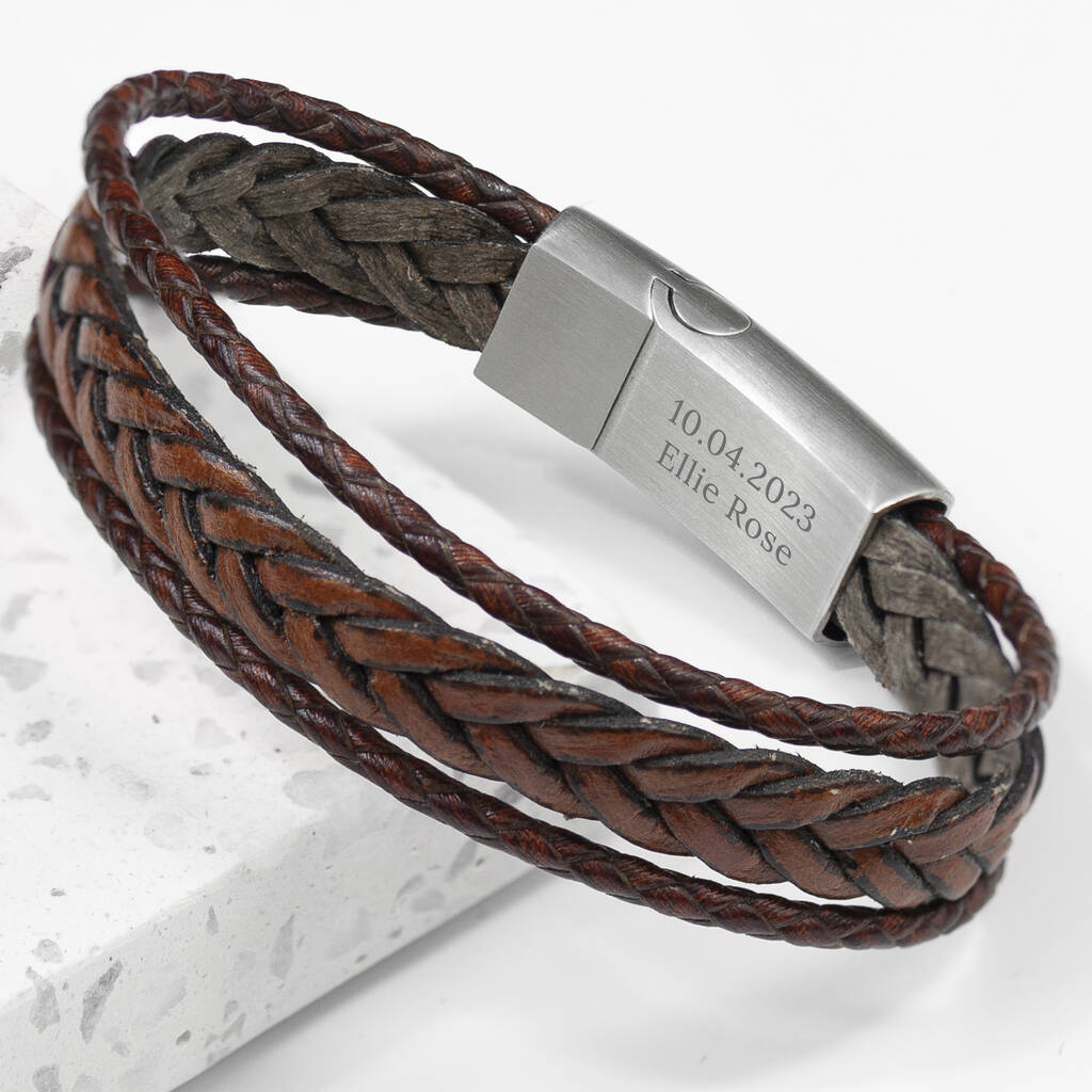 Personalised Men's Woven Layered Brown Leather Bracelet, 1 of 7