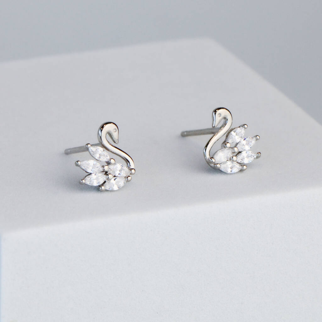 Sterling Silver Crystal Swan Stud Earrings, 1 of 6