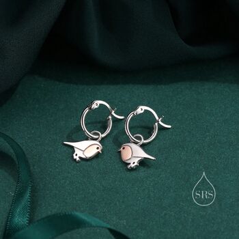 Sterling Silver Robin Bird Dangle Huggie Hoop Earrings, 2 of 10