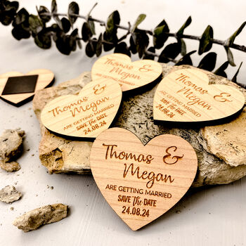 Save The Date Wooden Heart Token Fridge Magnet Invite, 7 of 10