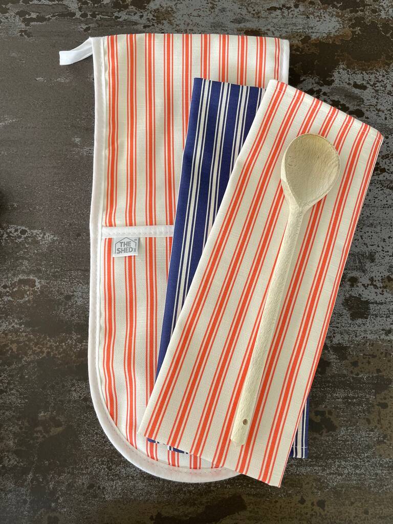 Red Florence Stripe Cotton Linen Double Oven Gloves By the shed inc