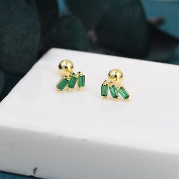 Sterling Silver Emerald Green Baguette Trio Cz Screw Back Earrings, 3 of 12