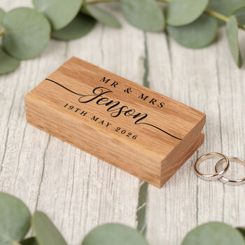 Personalised Classic Script Wedding Oak Wooden Double Ring Box, 2 of 3