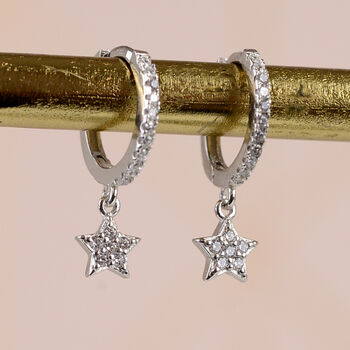 Sterling Silver And Diamante Star Huggie Earrings, 4 of 7