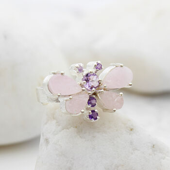 Morganite And Amethyst Gemstone Butterfly Silver Ring, 3 of 4