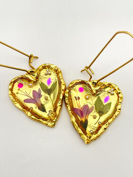 Gold Heart Earrings With Pink Flowers, 6 of 10