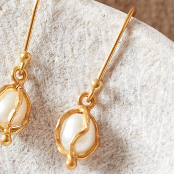 Pearl Gold Caged 18 K Gold And Silver Drop Earrings, 2 of 9