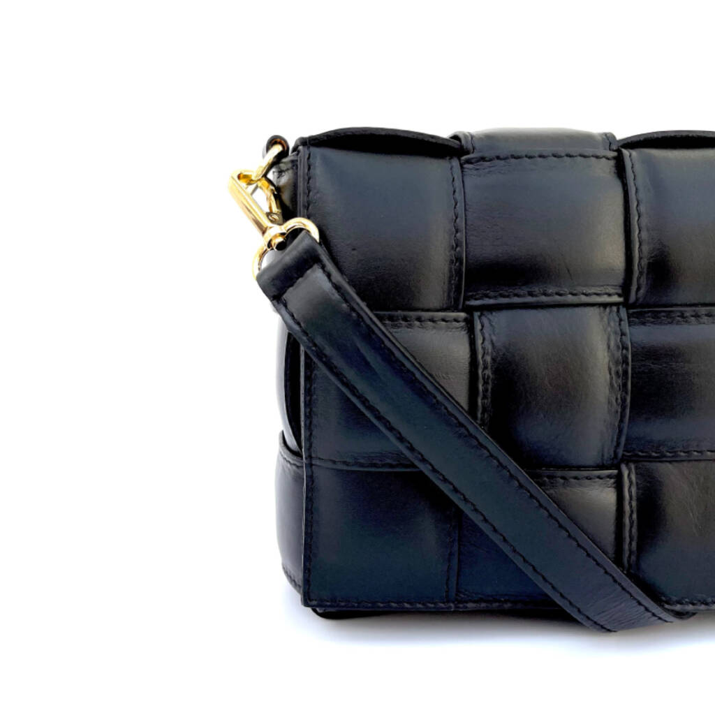 Black Padded Woven Leather Crossbody Bag By Apatchy