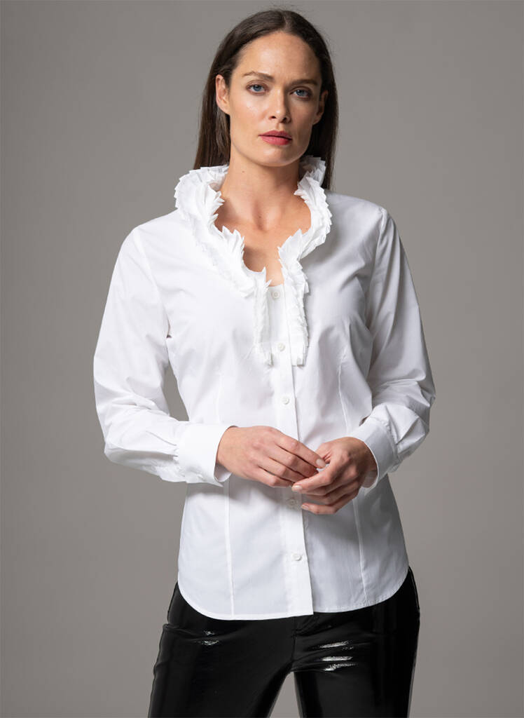 Lara White Fitted Blouse With Elizaethan Pleated Collar By The Shirt ...