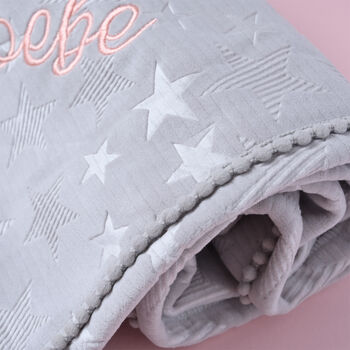 Personalised Grey Star Blanket With Pom Poms, 5 of 8