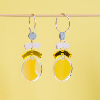 Sterling Silver Geometric Iridescent Drop Hoop Earrings, 3 of 6