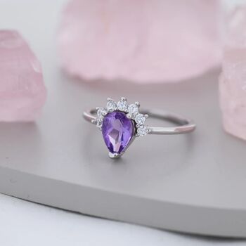 Genuine Pear Cut Amethyst Purple Crown Ring, 6 of 11