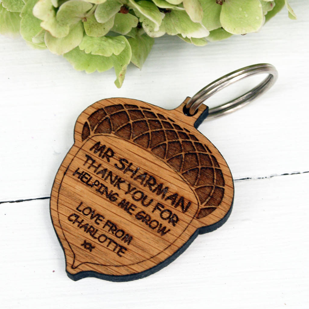 Image of Personalised Wooden Acorn Teacher Key Ring