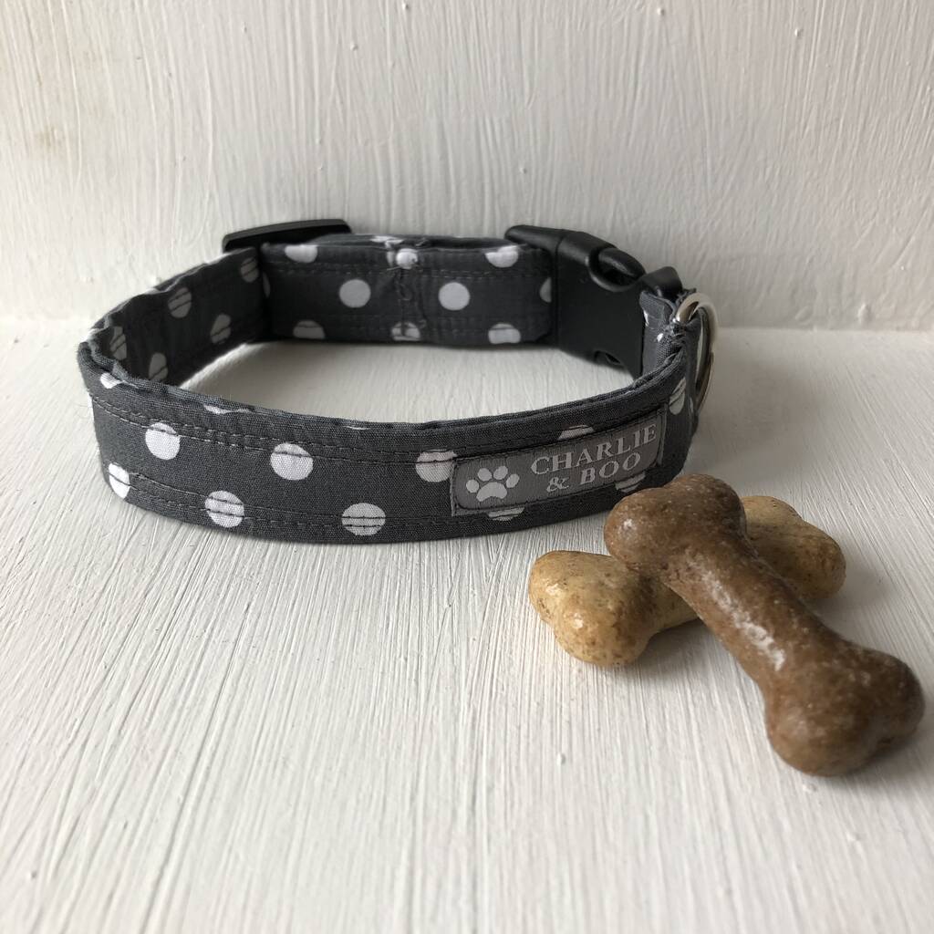 Grey Polka Dot Collar And Lead For Girl And Boy Dogs By Charlie and Boo