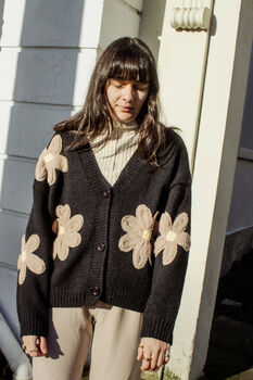 Black Crochet Applique Brown Floral Cardigan, 6 of 10