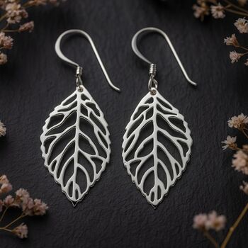 Sterling Silver Open Oak Leaf Drop Hook Earrings, 4 of 7