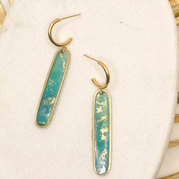 Aqua And Gold Foil Long Drop Huggie Earrings, 2 of 8