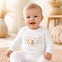 Personalised Born In 2026 Baby Sleepsuit | Zoo Or Farmyard Animal Babygrow, thumbnail 1 of 4