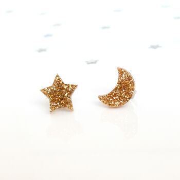 Laser Cut Celestial Glitter Star Moon Earrings Studs, 4 of 5