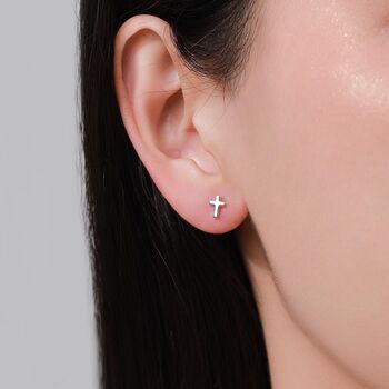 Tiny Cross Screw Back Earrings In Sterling Silver, 8 of 12