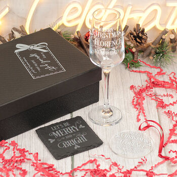 Merry Christmas Champagne Flute With Coaster And Decoration Gift Set, 2 of 7