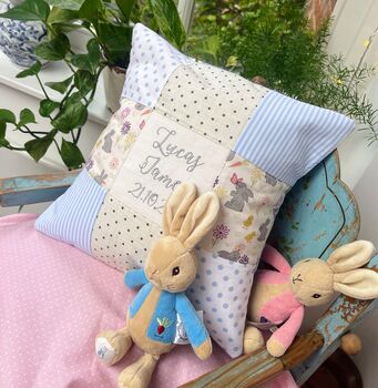 Personalised Blue And Grey Bunny Name Cushion, 7 of 8