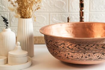 Engraved Matte Copper Vessel Sink With Drain Cap, 400 Mm Diameter, 6 of 8