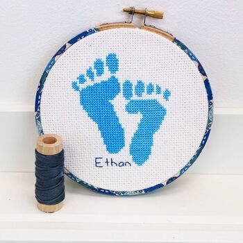 Blue, Baby Cross Stitch. Wall Hanging Embroidery Hoop, 3 of 4
