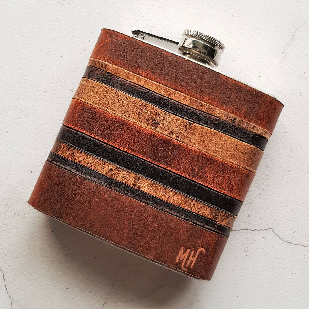 Leather Strips Hip Flask Personalised, 1 of 8