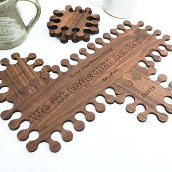 Personalised Walnut Jigsaw Sharing Board And Coasters, 3 of 5