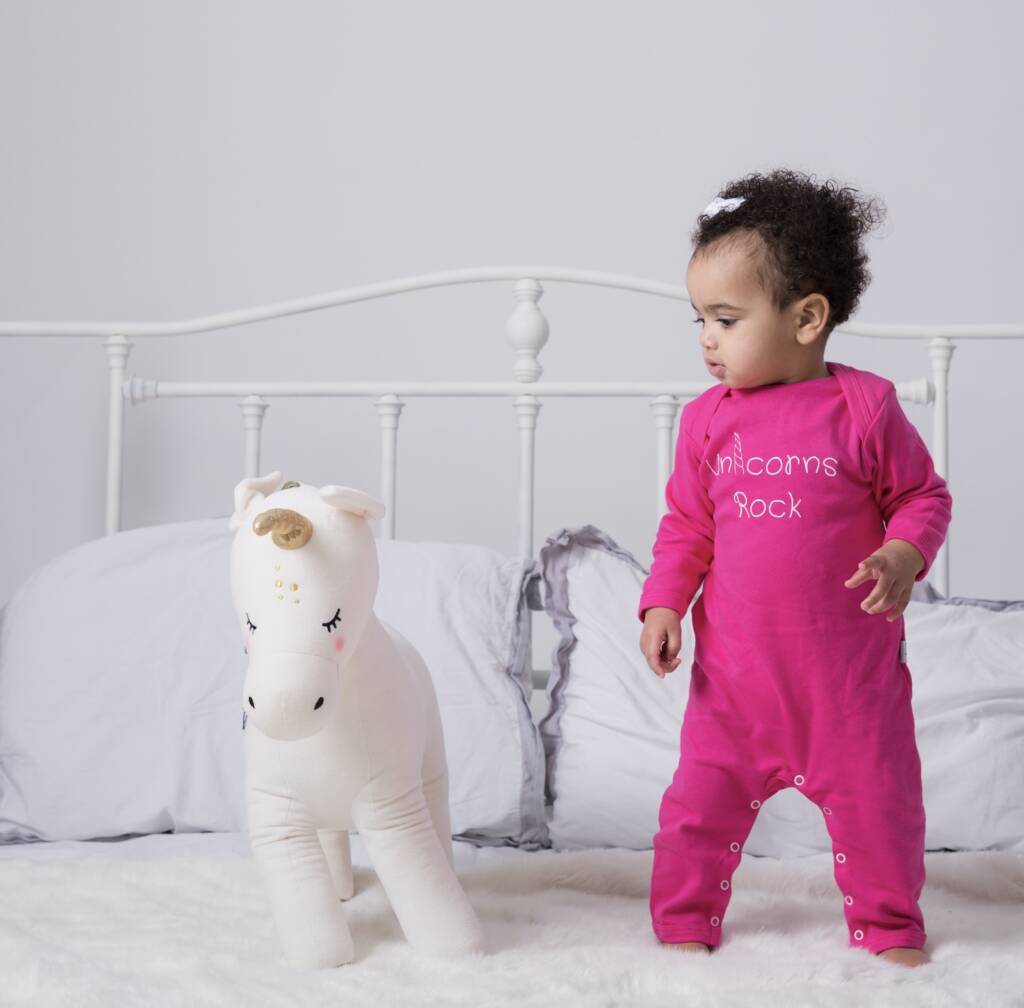 Baby Sleepuit, Unicorns Rock, Pink Babygrow, Baby Gift, 1 of 6