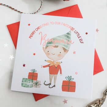 Personalised Elf Foil Christmas Card For Son Daughter, 2 of 5