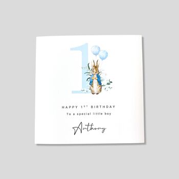 1st Birthday Card Personalised Boy Blue Rabbit, 3 of 4
