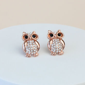 Rose Gold Colour Crystal Owl Stud Earrings, 2 of 3
