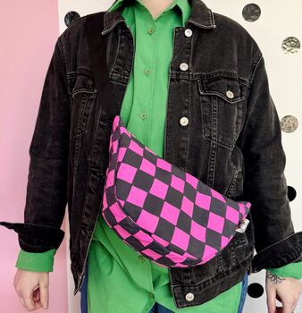 Checkered Pink And Grey Sling Bag Waxed Cotton Bag, 2 of 2