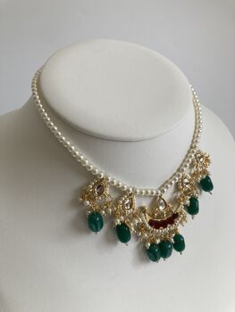 Alia 18 K Gold Plated Emerald And Red Pearl Set, 2 of 5