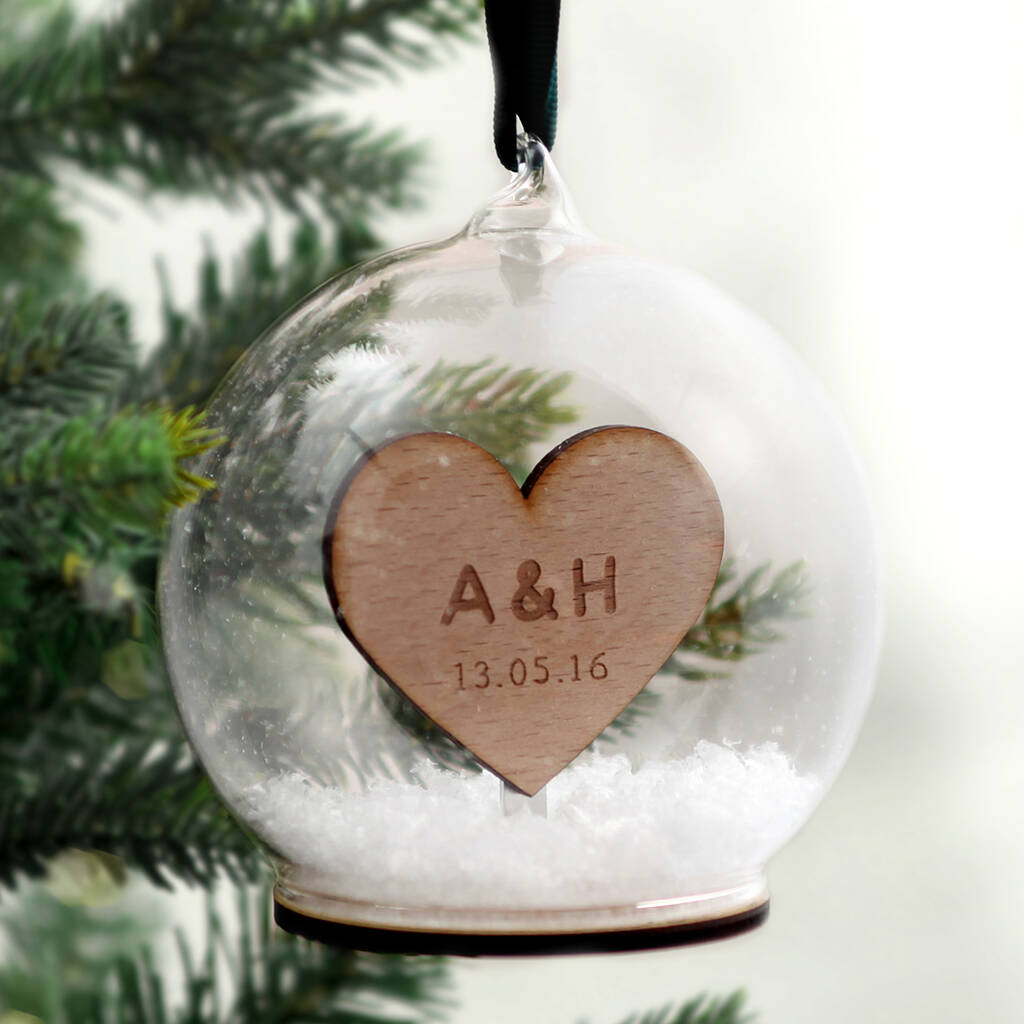Wooden Engraved Heart Couples Bauble, 1 of 3