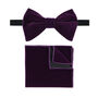 Mens Purple Oversized Velvet Bow Tie And Pocket Square, thumbnail 1 of 3