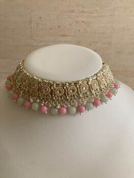 Green And Pink Pearl Lightweight Gold Plated Indian Set, 5 of 9