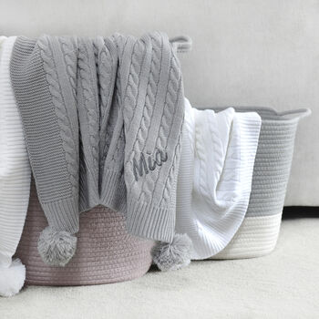 Personalised Cable Knit Pom Pom Blanket Grey, 4 of 8