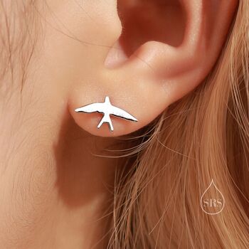 Sterling Silver Mismatched Asymmetric Swallow Bird Silhouette Stud Earrings, 2 of 11